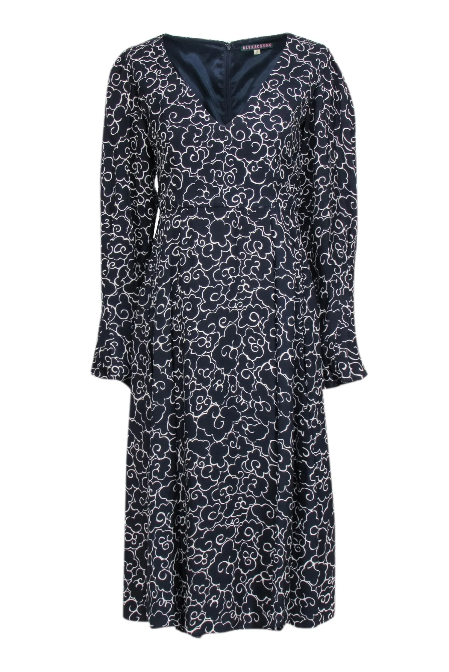 Alexa Chung - Navy & Cream Cloud Print Long Sleeve Dress Sz 10