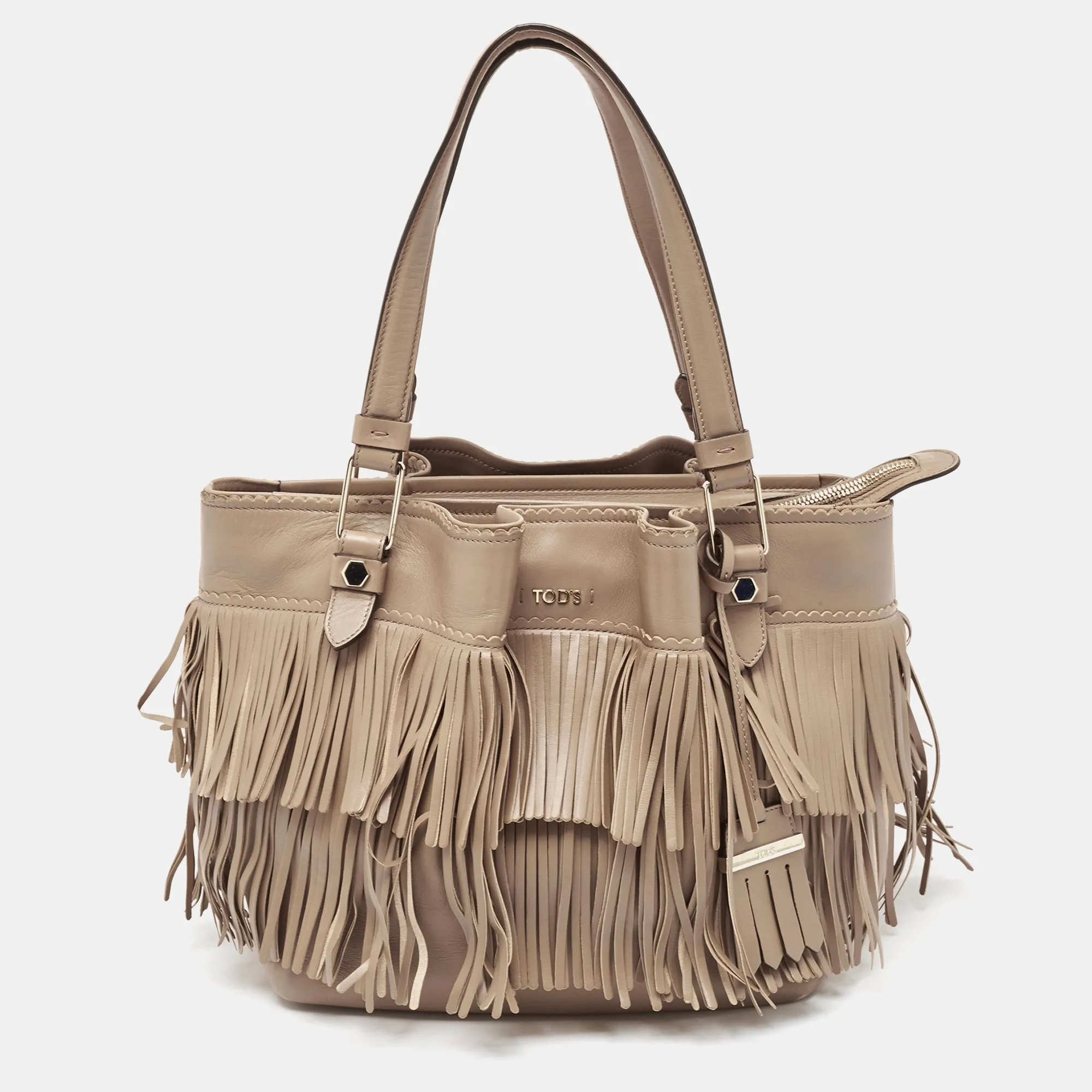 Beige Leather Fringe Tote