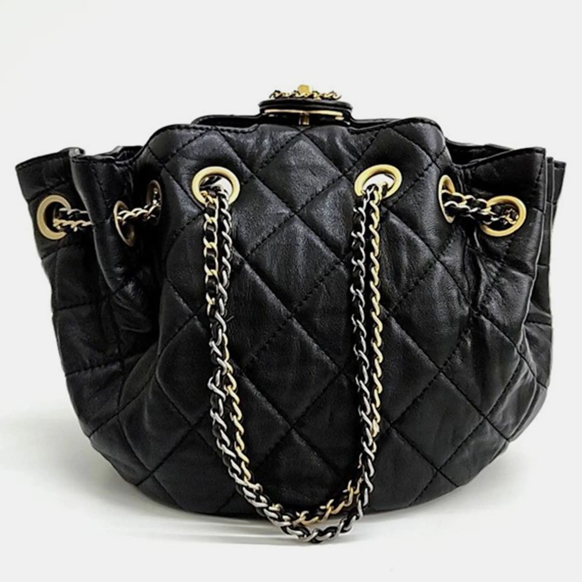 Black Leather Bucket Tote Bag