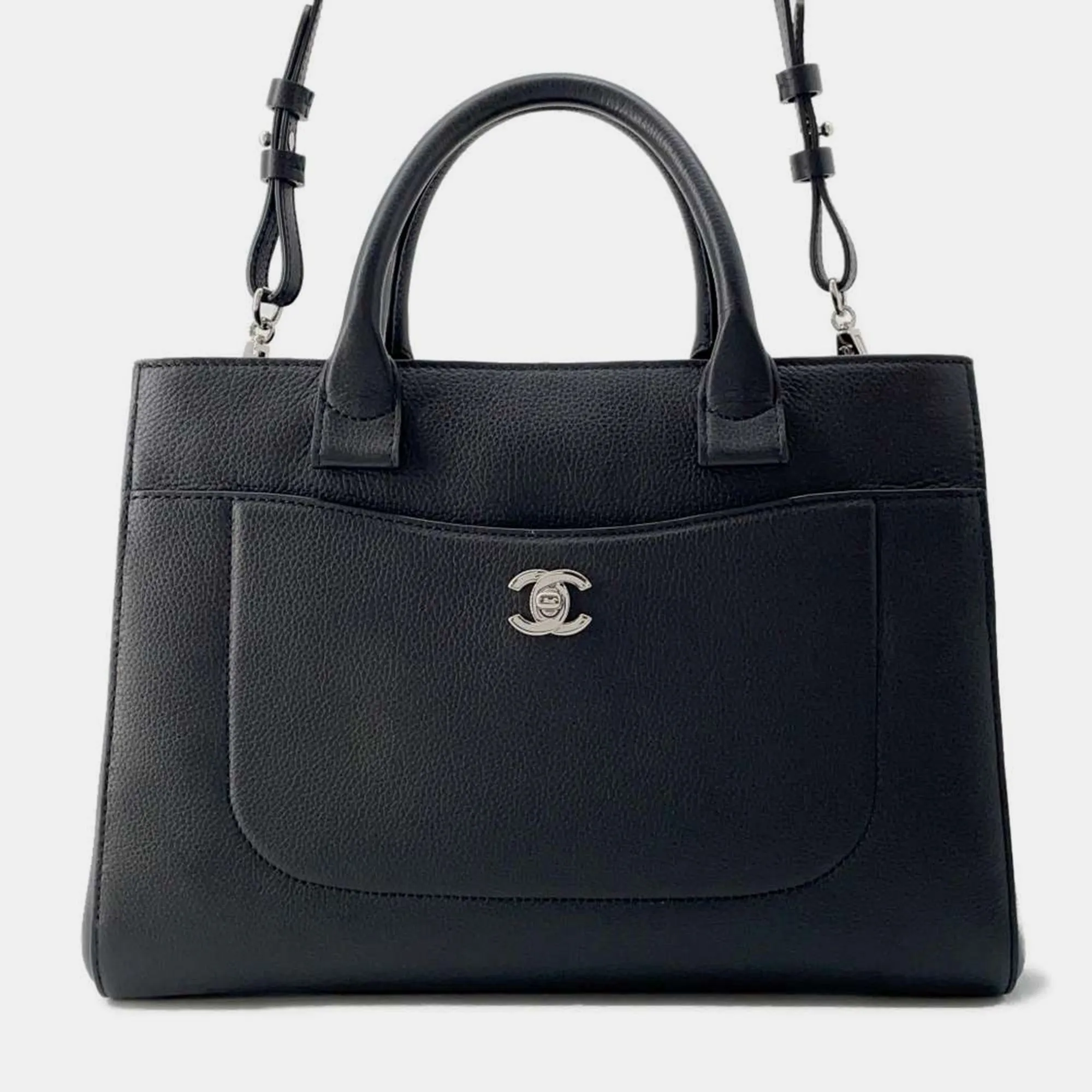 Black Leather Neo Executive Medium Shopping Tote Bag