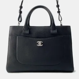 Black Leather Neo Executive Medium Shopping Tote Bag