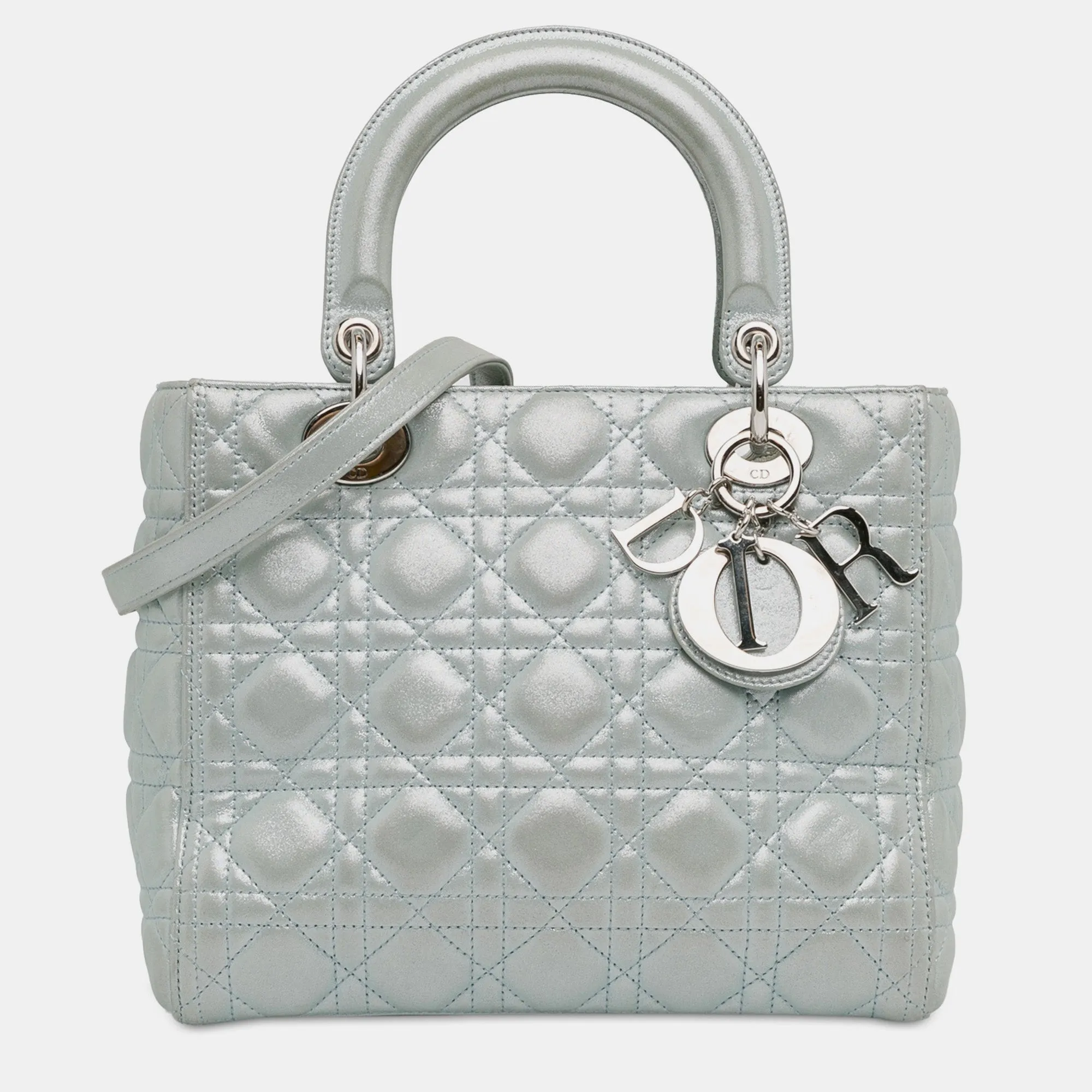 Blue Tone Metallic Lambskin Leather Medium Cannage Lady Tote Bag