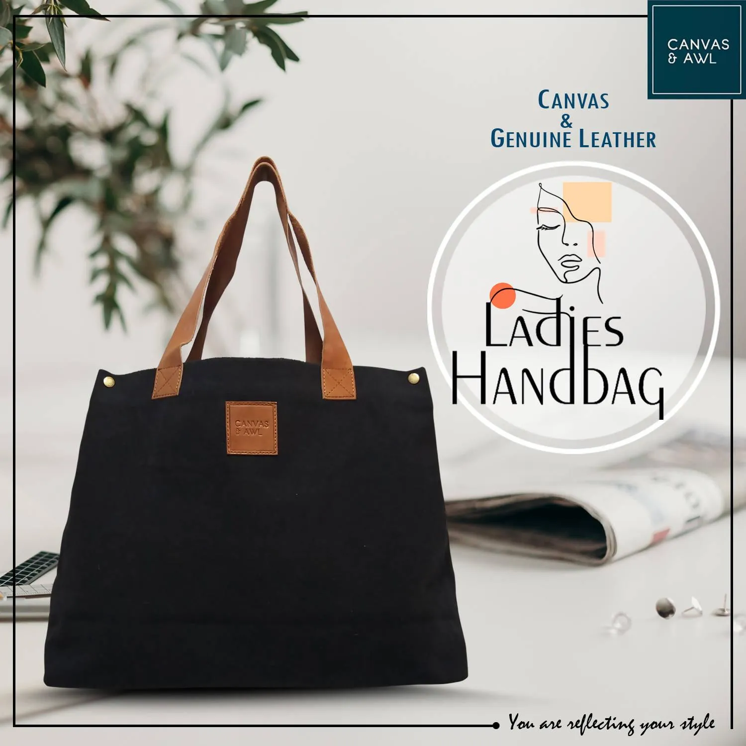 CANVAS & AWL Canvas with Genuine Leather Trim Women's/Ladies Handbag (Black)