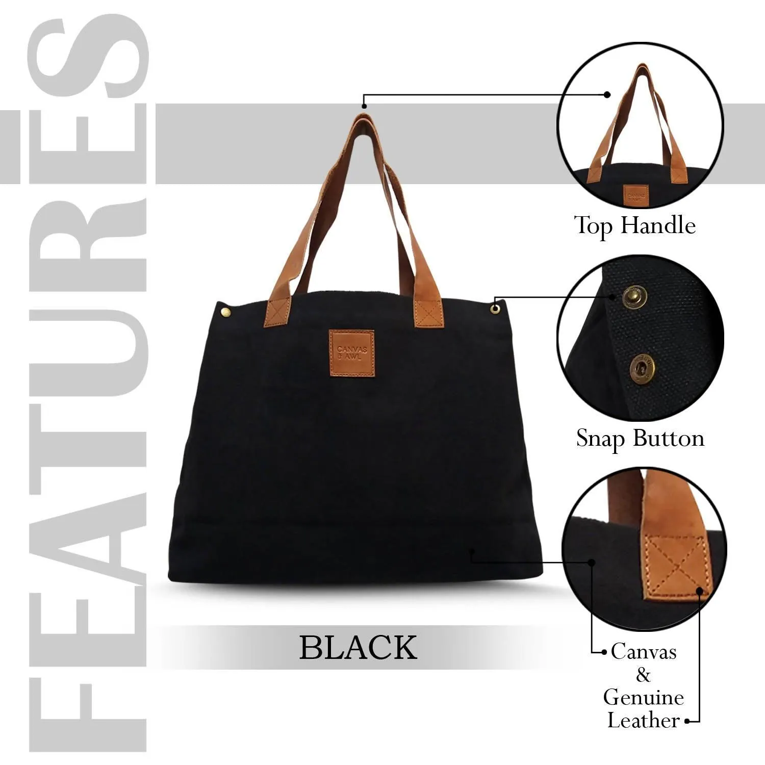 CANVAS & AWL Canvas with Genuine Leather Trim Women's/Ladies Handbag (Black)