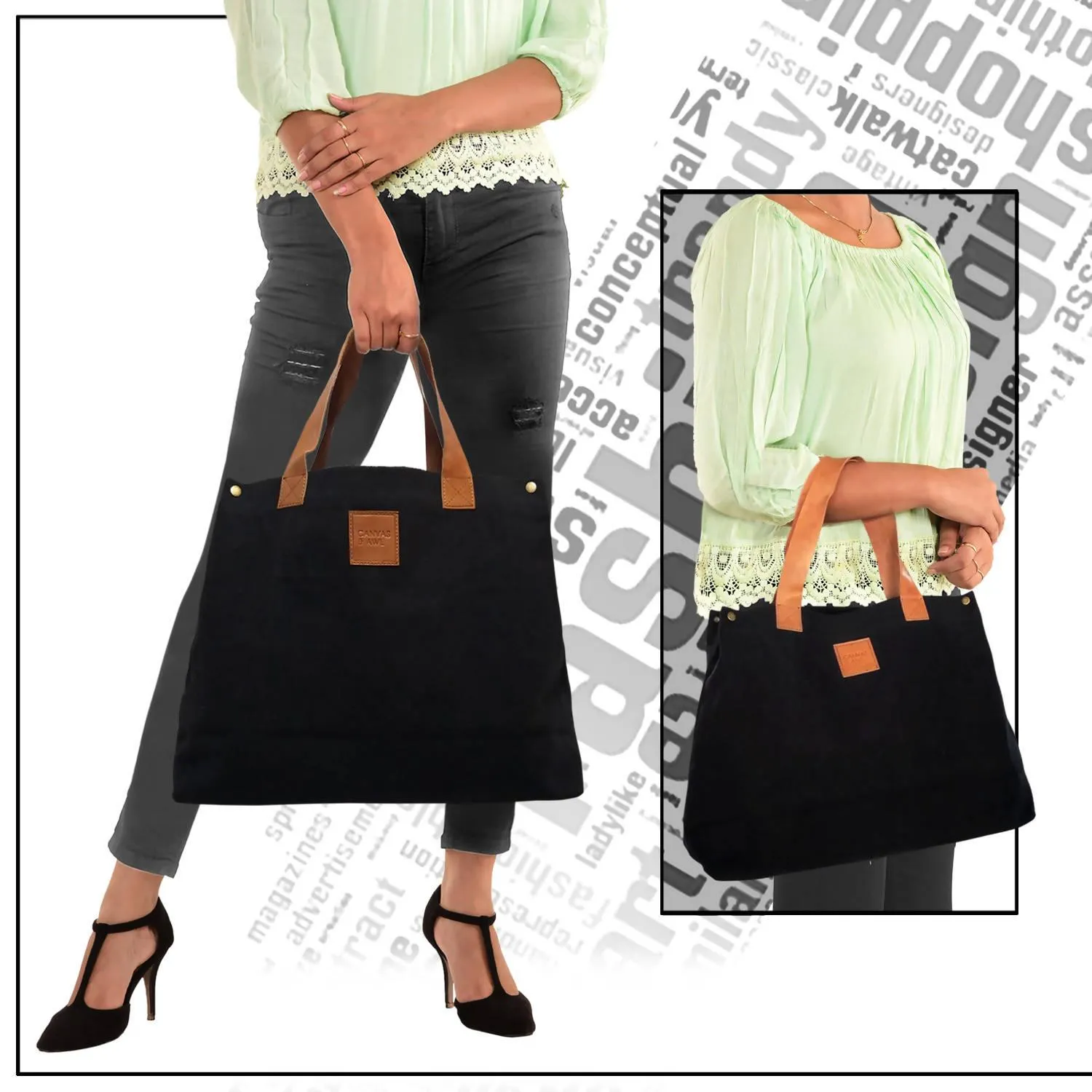 CANVAS & AWL Canvas with Genuine Leather Trim Women's/Ladies Handbag (Black)
