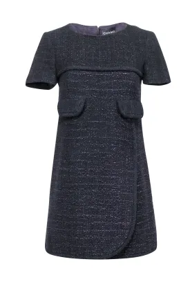 Chanel - Black & Metallic Purple Tweed Short Sleeve Dress Sz 4