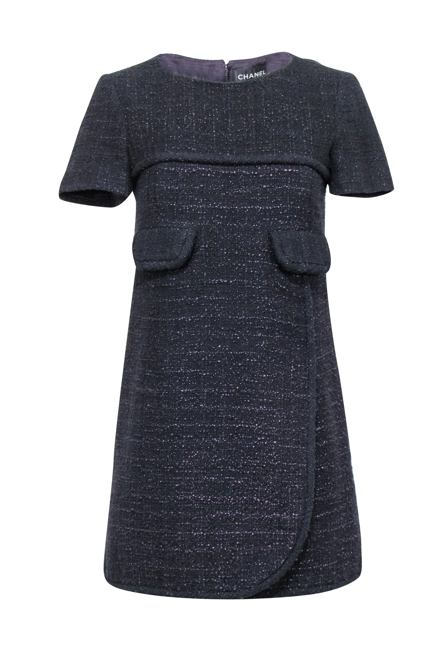 Chanel - Black & Metallic Purple Tweed Short Sleeve Dress Sz 4