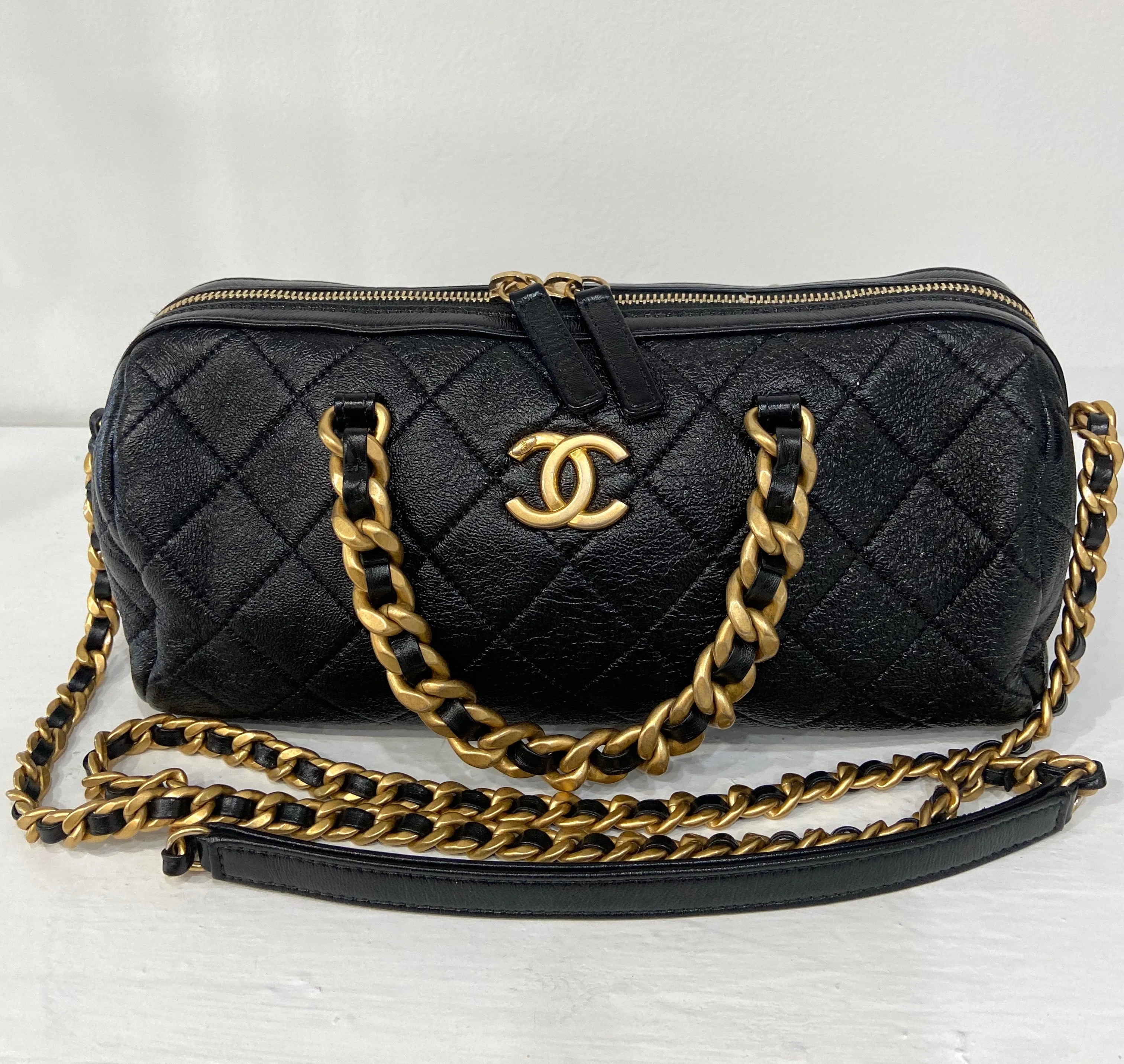CHANEL CC SHINY QUILTED LAMBSKIN MINI BOWLING BAG