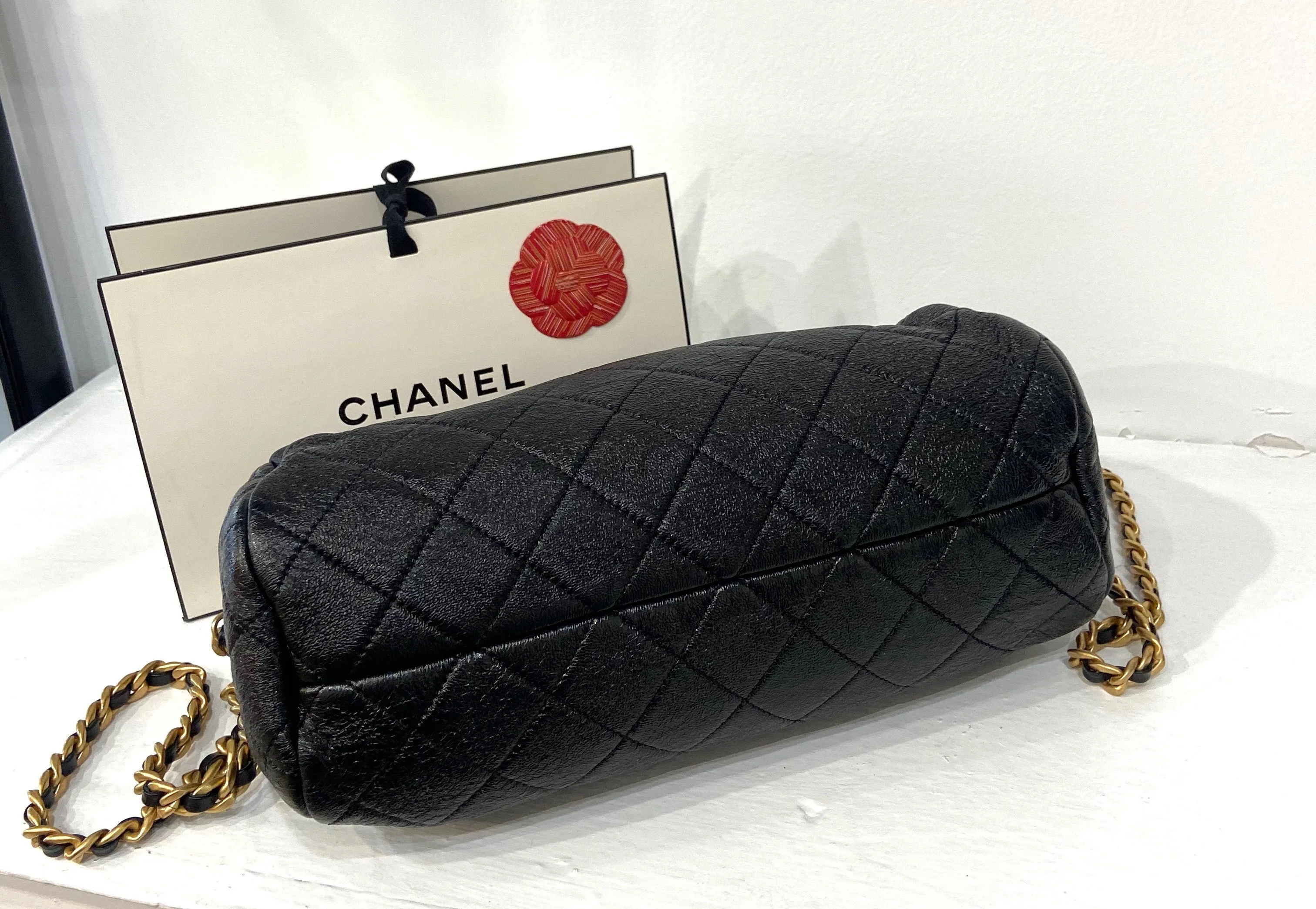 CHANEL CC SHINY QUILTED LAMBSKIN MINI BOWLING BAG