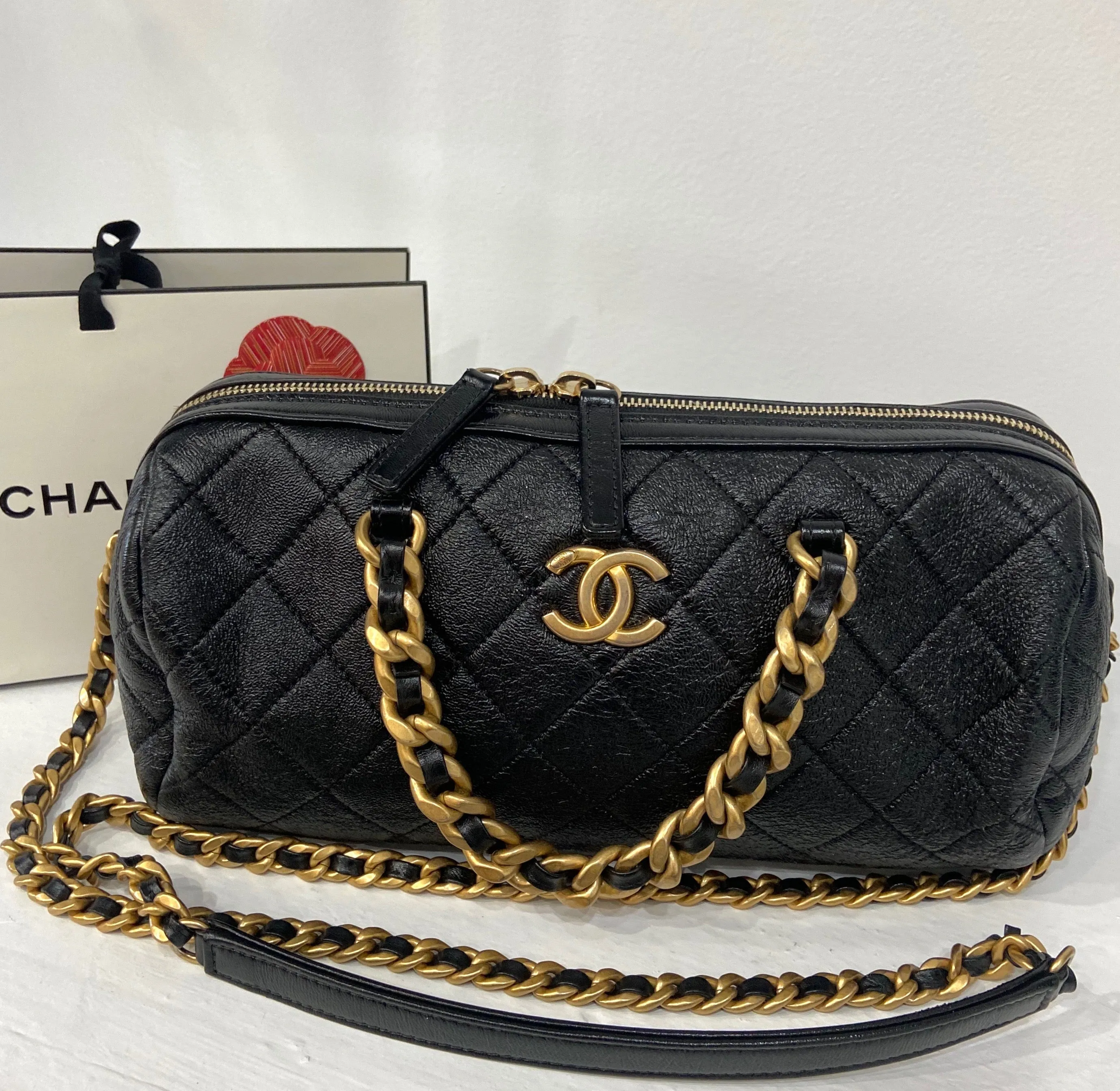 CHANEL CC SHINY QUILTED LAMBSKIN MINI BOWLING BAG