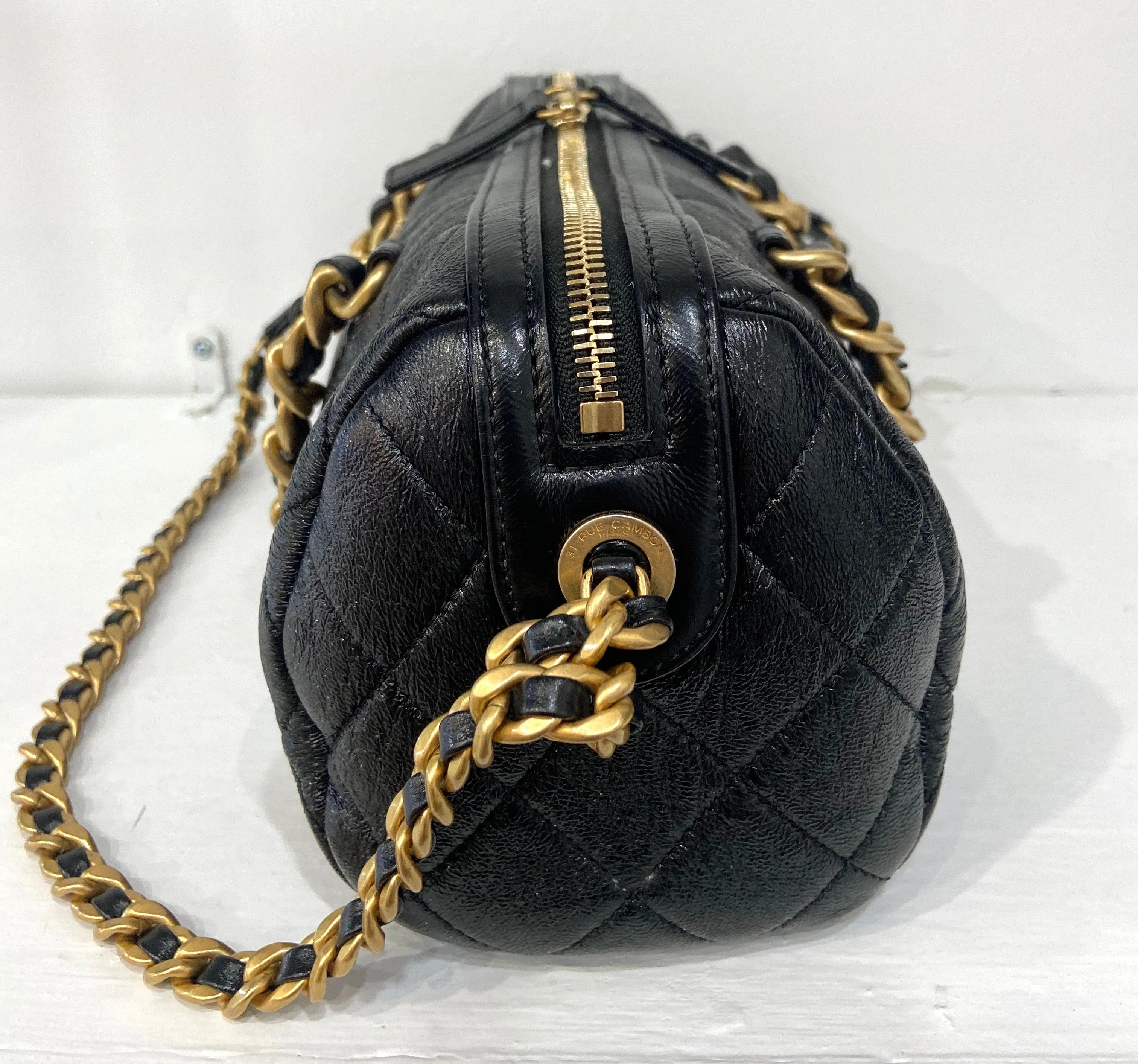 CHANEL CC SHINY QUILTED LAMBSKIN MINI BOWLING BAG