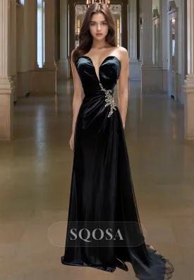 Deep V-Neck Off-Shoulder Sleeveless Party Gowns One-Strap Beaded Pleatesd Fitted Prom Dress