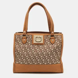 DKNY Brown/Beige Signature Canvas and Leather Tote