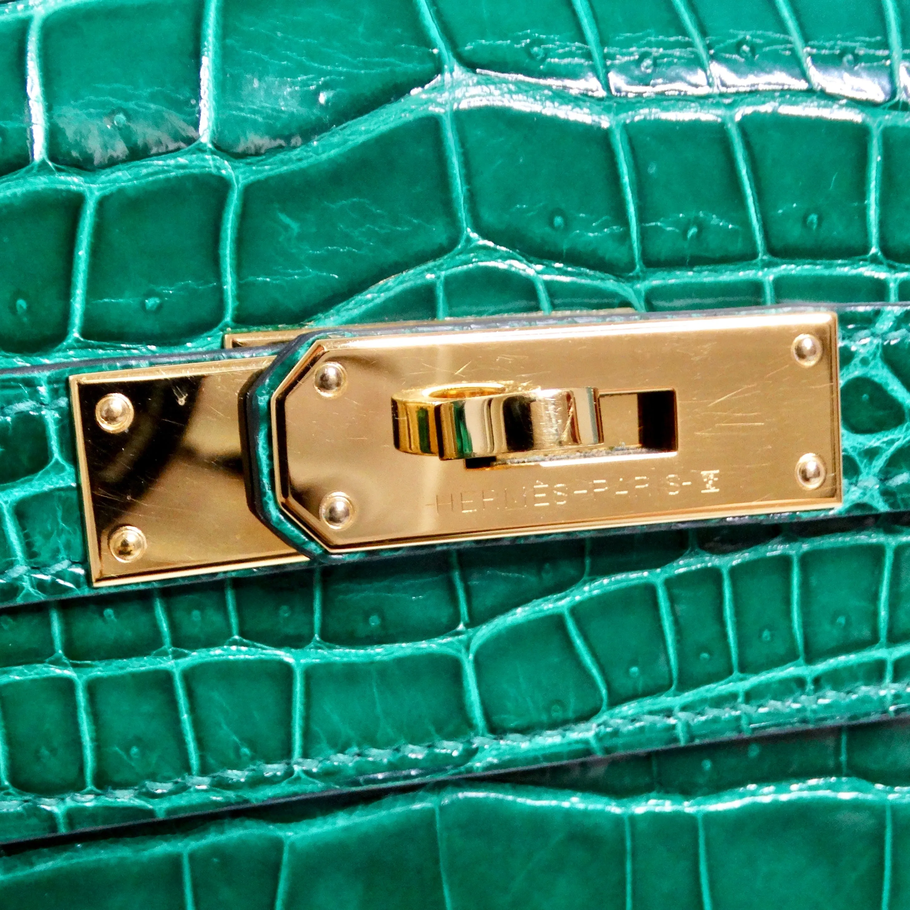 Hermes Kelly 34 cm Malachite Shiny Crocodile Porosus Gold Hardware