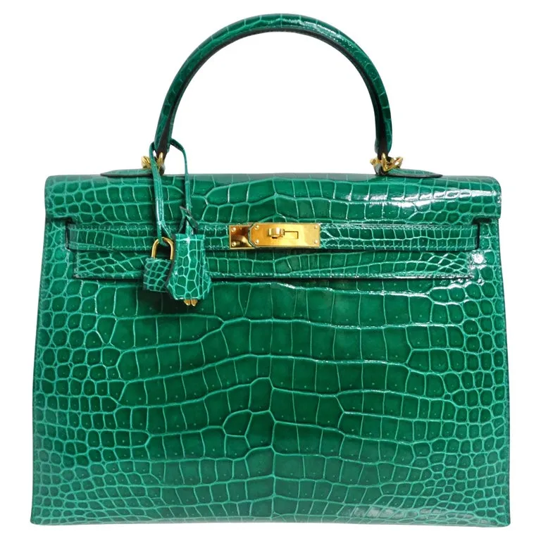 Hermes Kelly 34 cm Malachite Shiny Crocodile Porosus Gold Hardware