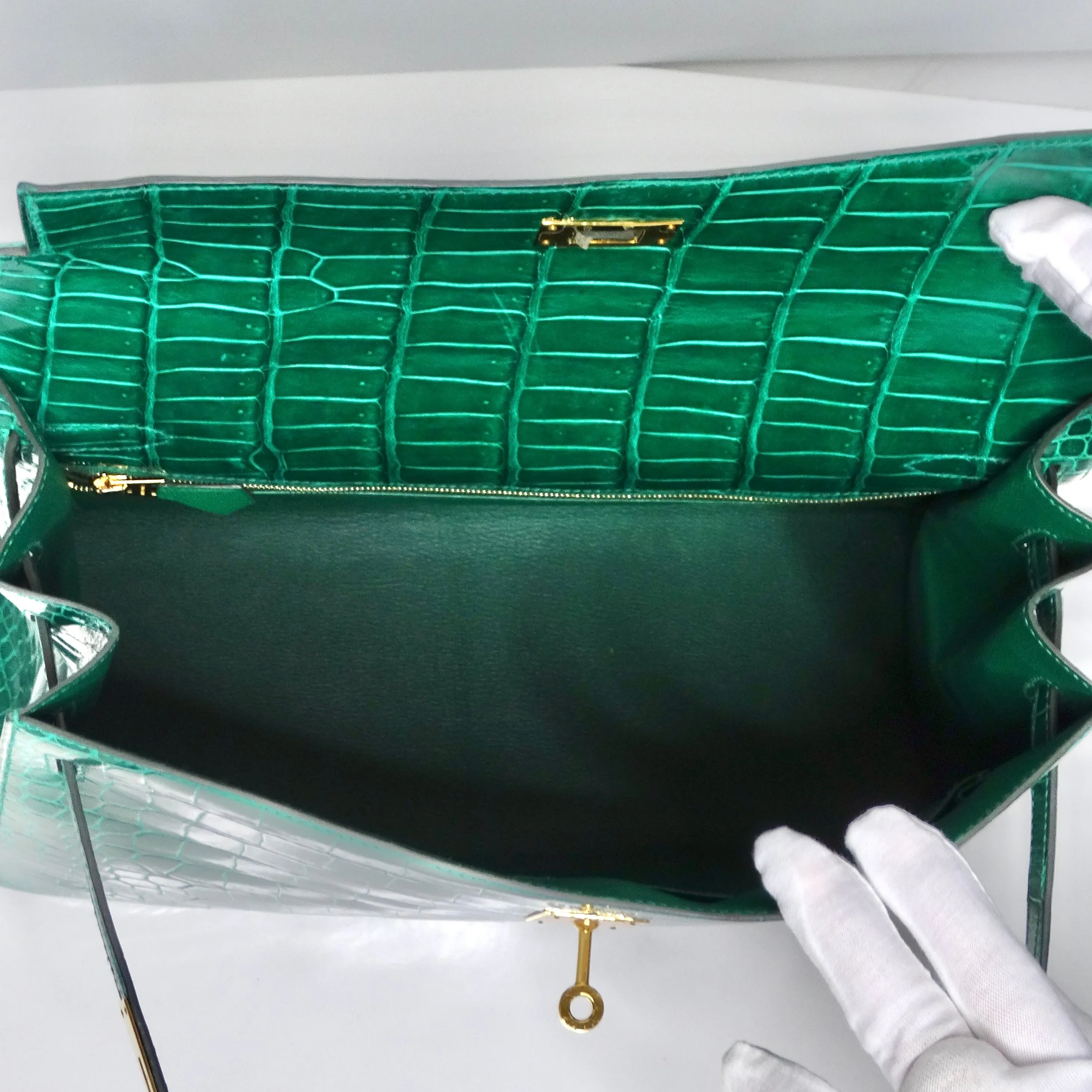 Hermes Kelly 34 cm Malachite Shiny Crocodile Porosus Gold Hardware