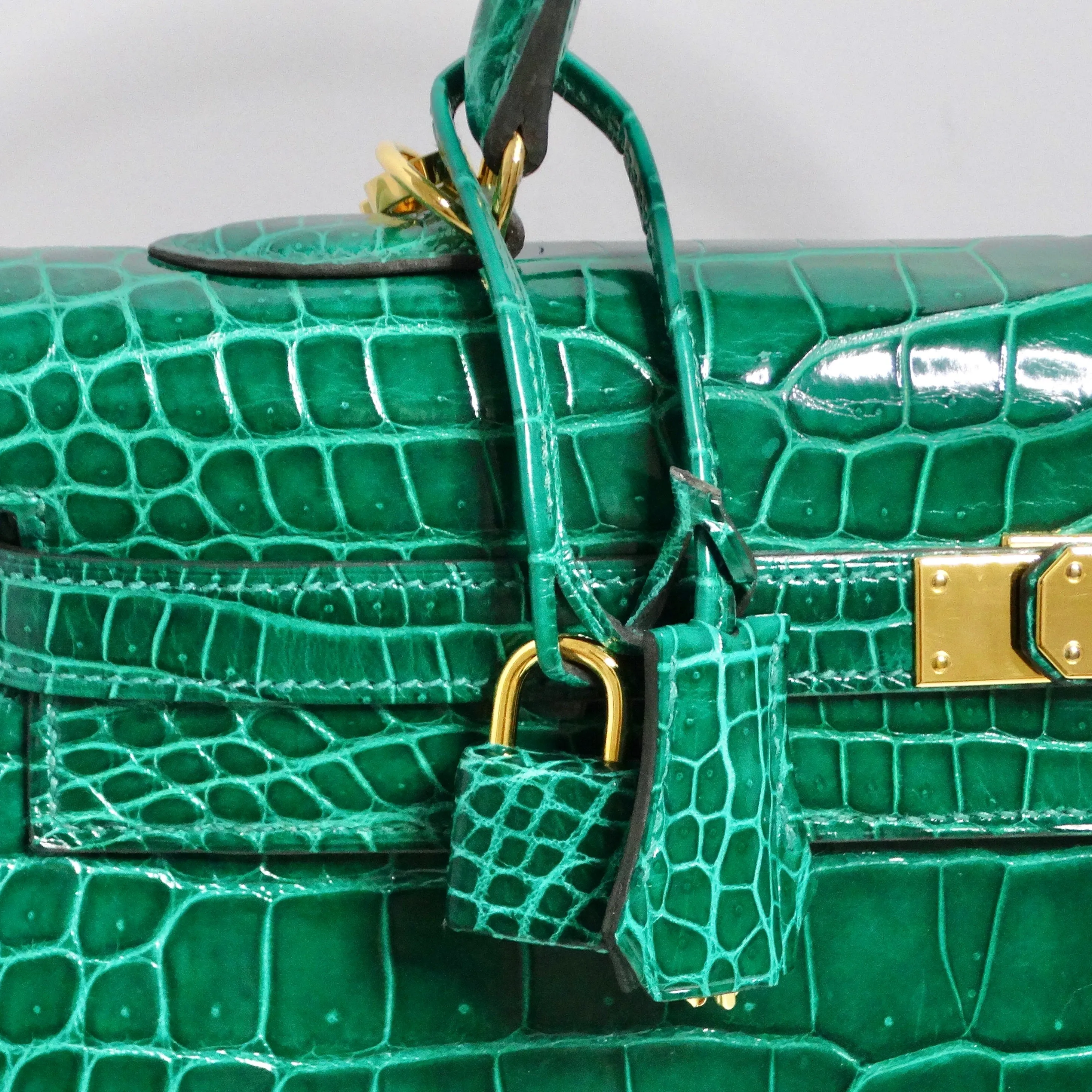 Hermes Kelly 34 cm Malachite Shiny Crocodile Porosus Gold Hardware
