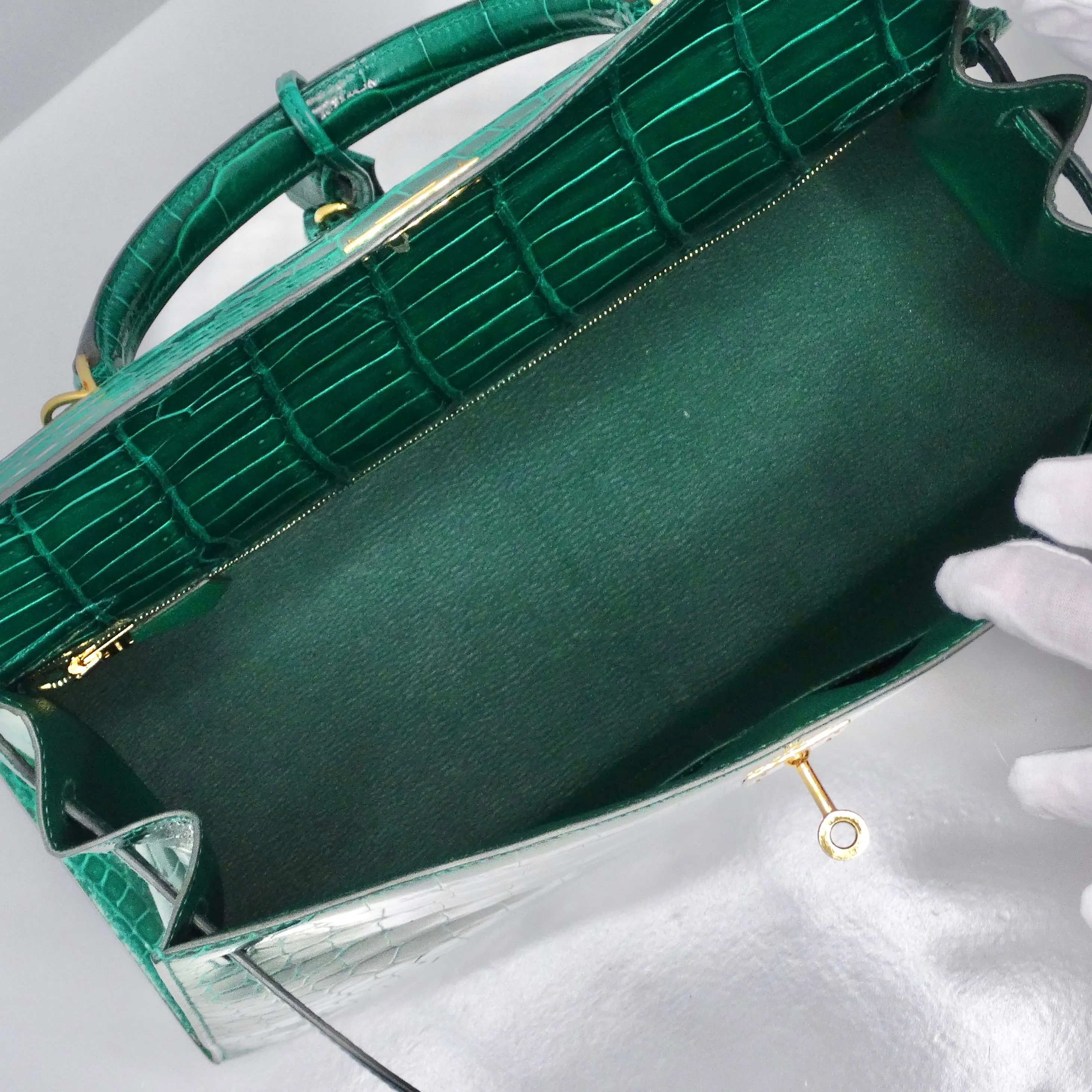 Hermes Kelly 34 cm Malachite Shiny Crocodile Porosus Gold Hardware