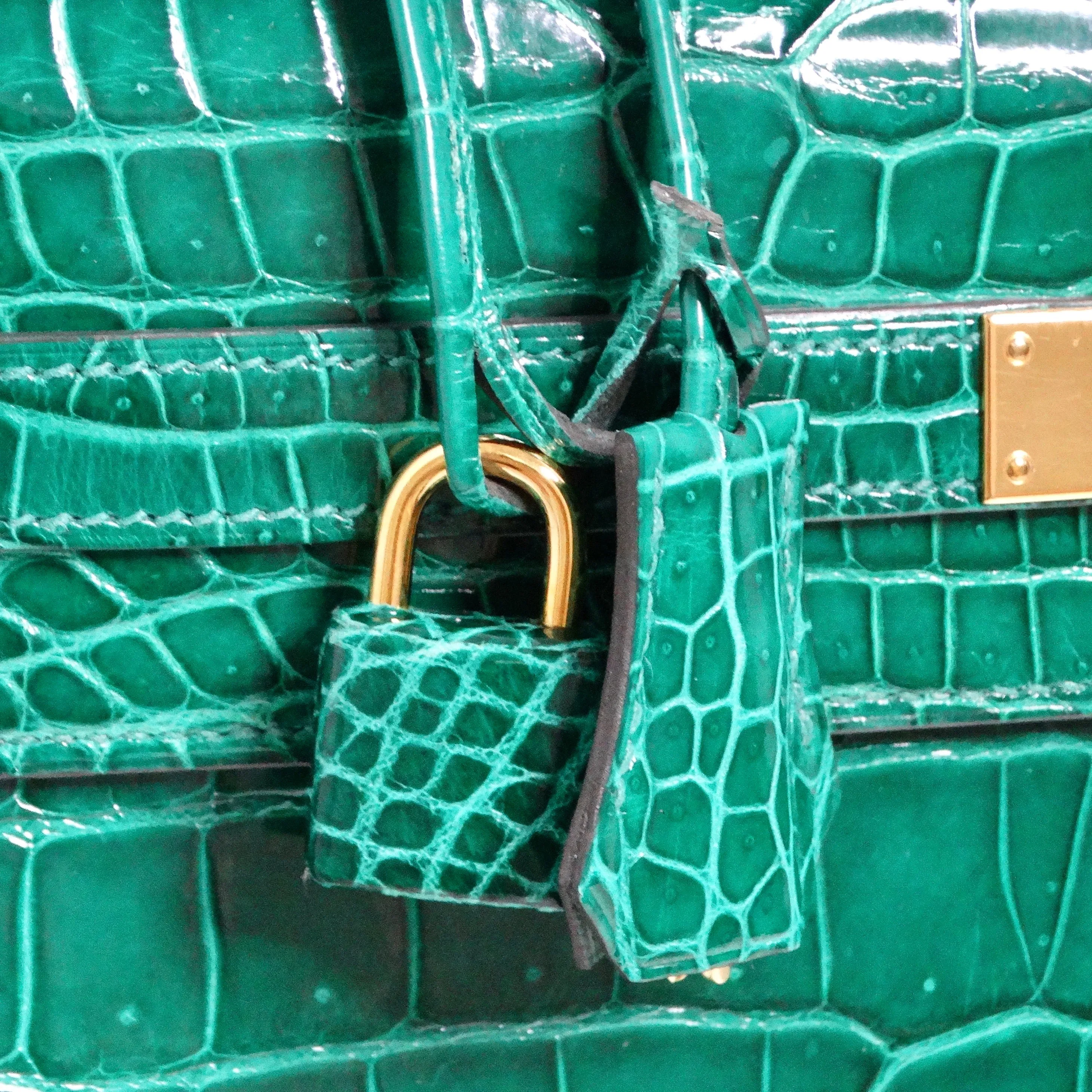 Hermes Kelly 34 cm Malachite Shiny Crocodile Porosus Gold Hardware