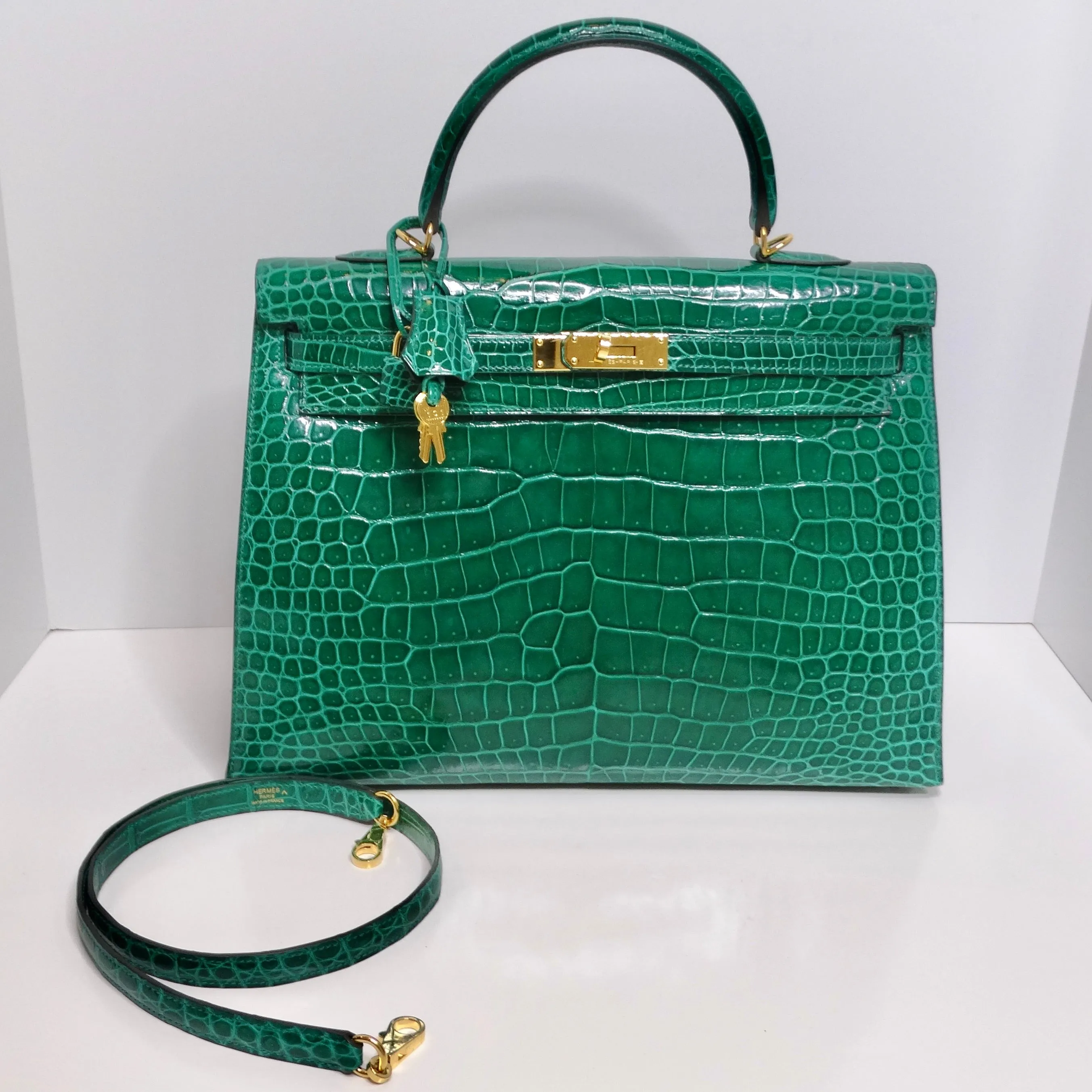 Hermes Kelly 34 cm Malachite Shiny Crocodile Porosus Gold Hardware