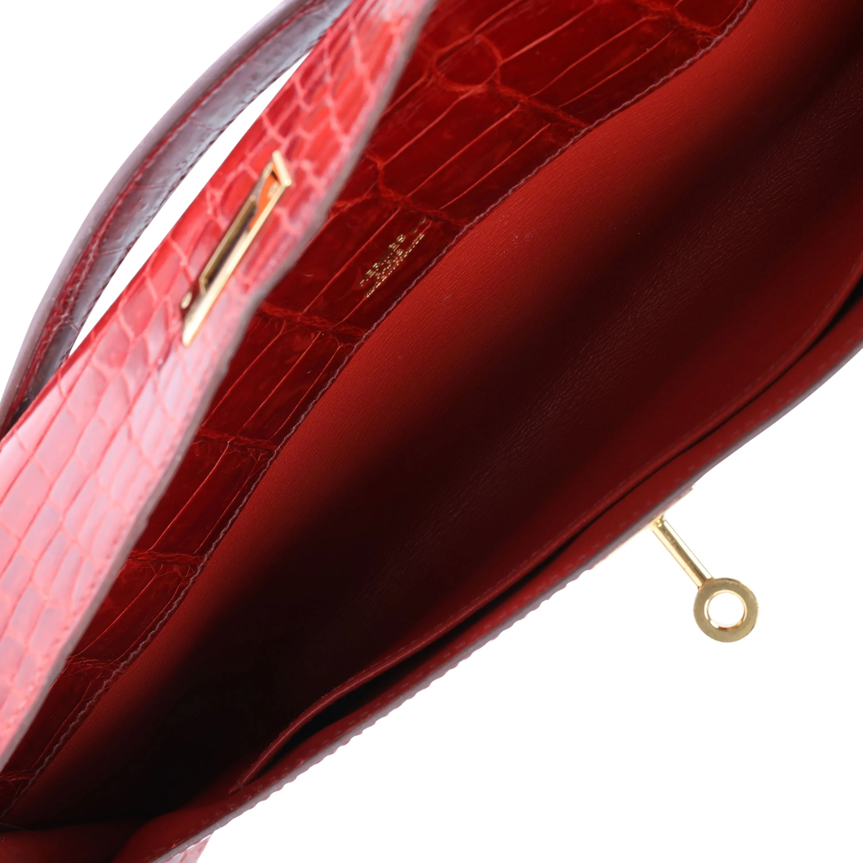 HERMES Sanguine Shiny Niloticus Crocodile Kelly Cut GHW