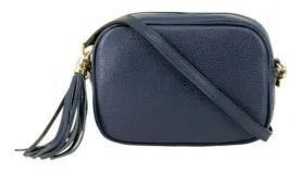 Italian Designer Leather Crossbody Shoulder Camera Bag Gaia -Silver Hardware- Navy