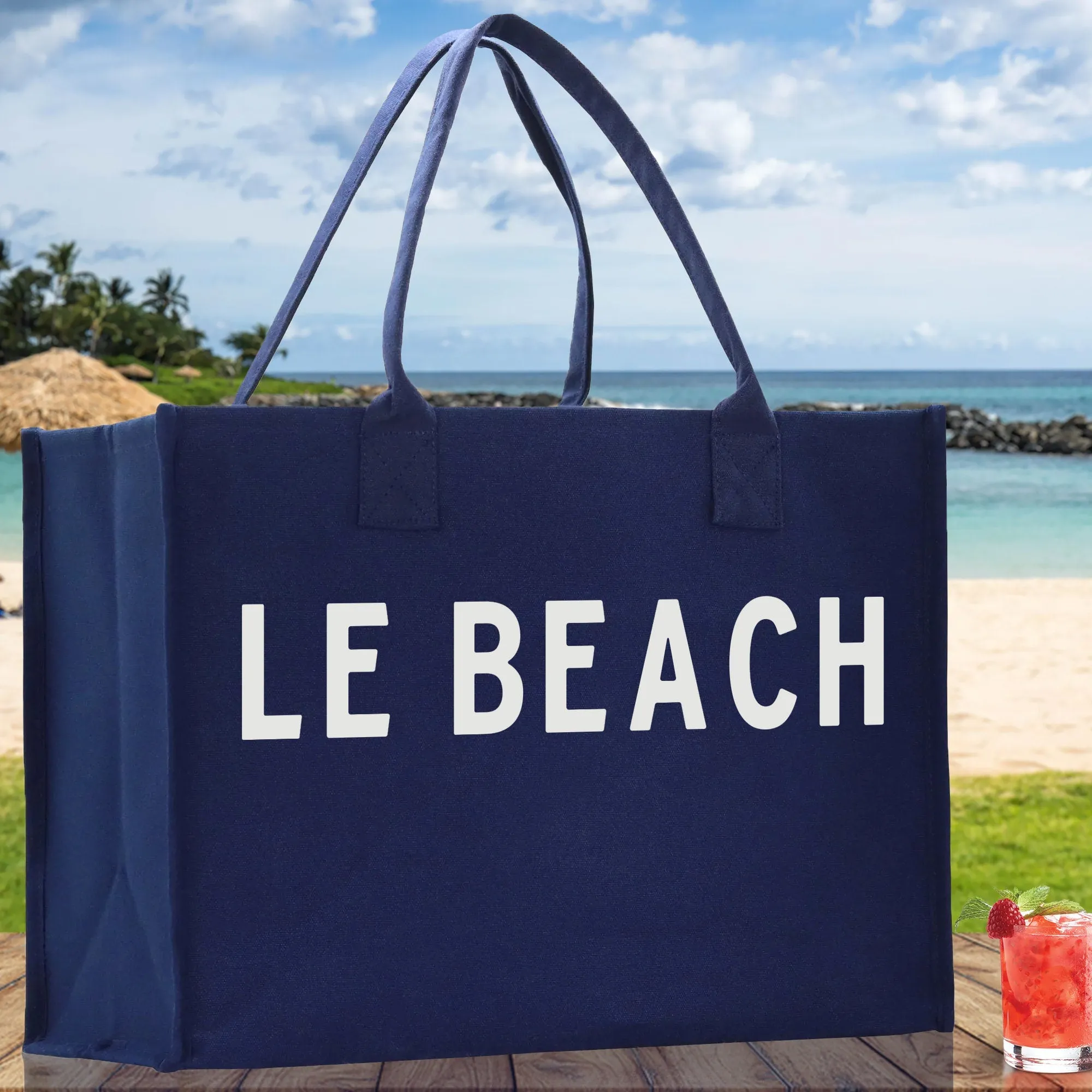 Le Beach Cotton Canvas Chic Beach Tote Bag Multipurpose Tote Weekender Tote Gift for Her Outdoor Tote Vacation Tote Large Beach Bag