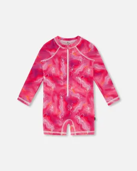 Long Sleeve One Piece Rashguard Fuchsia Tie Dye Printed Flowers