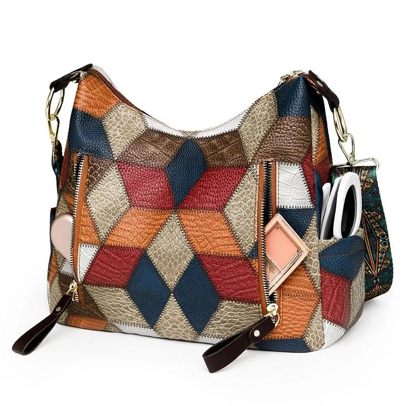 Multi-Pocket Women's Shoulder & Crossbody Bag - Luxury Patchwork PU Leather Handbag