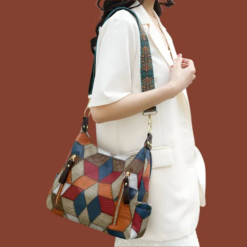 Multi-Pocket Women's Shoulder & Crossbody Bag - Luxury Patchwork PU Leather Handbag