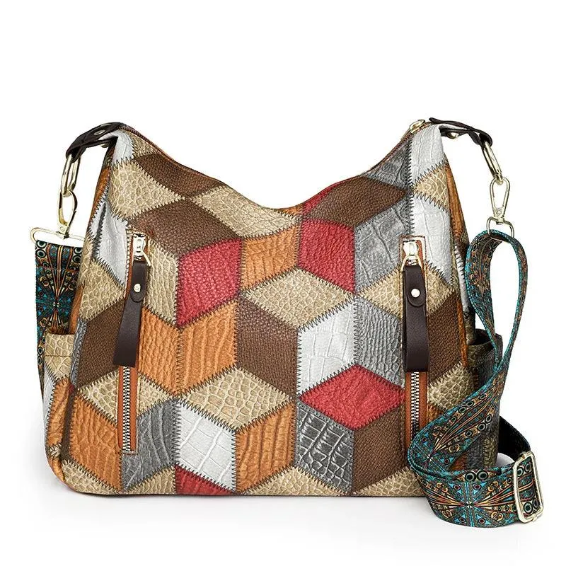 Multi-Pocket Women's Shoulder & Crossbody Bag - Luxury Patchwork PU Leather Handbag