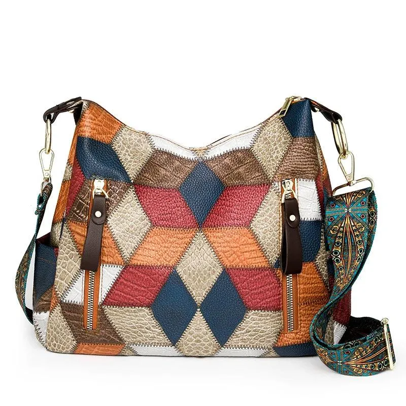 Multi-Pocket Women's Shoulder & Crossbody Bag - Luxury Patchwork PU Leather Handbag
