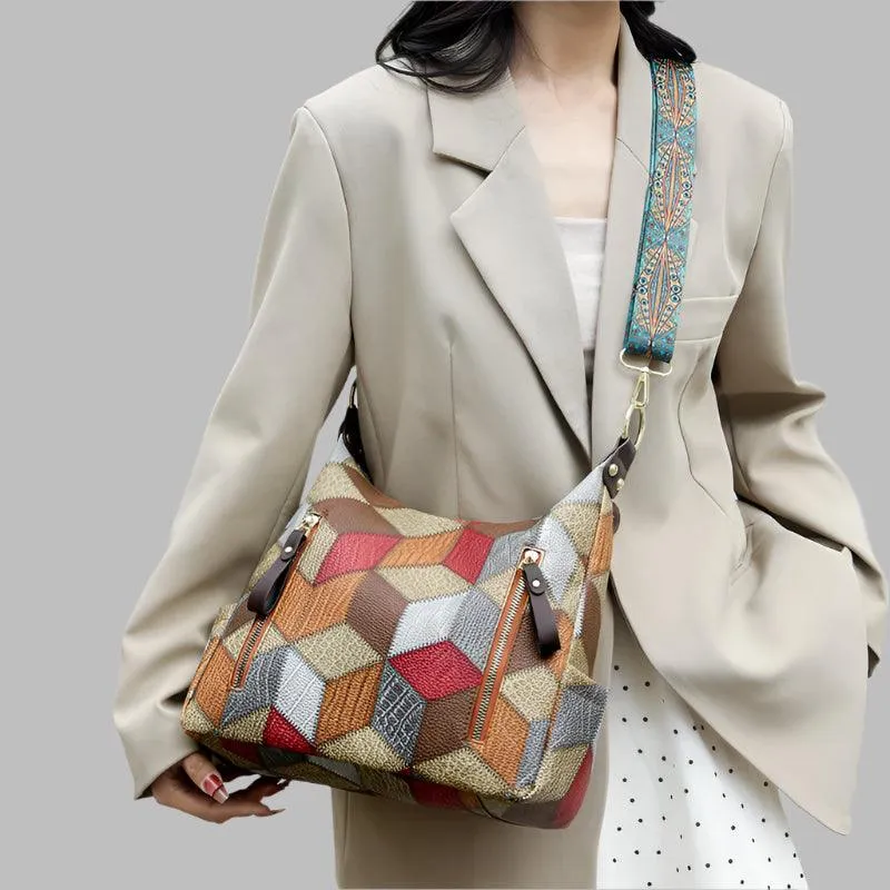 Multi-Pocket Women's Shoulder & Crossbody Bag - Luxury Patchwork PU Leather Handbag