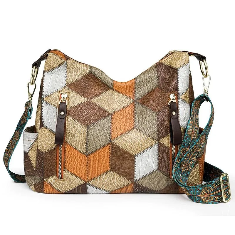 Multi-Pocket Women's Shoulder & Crossbody Bag - Luxury Patchwork PU Leather Handbag
