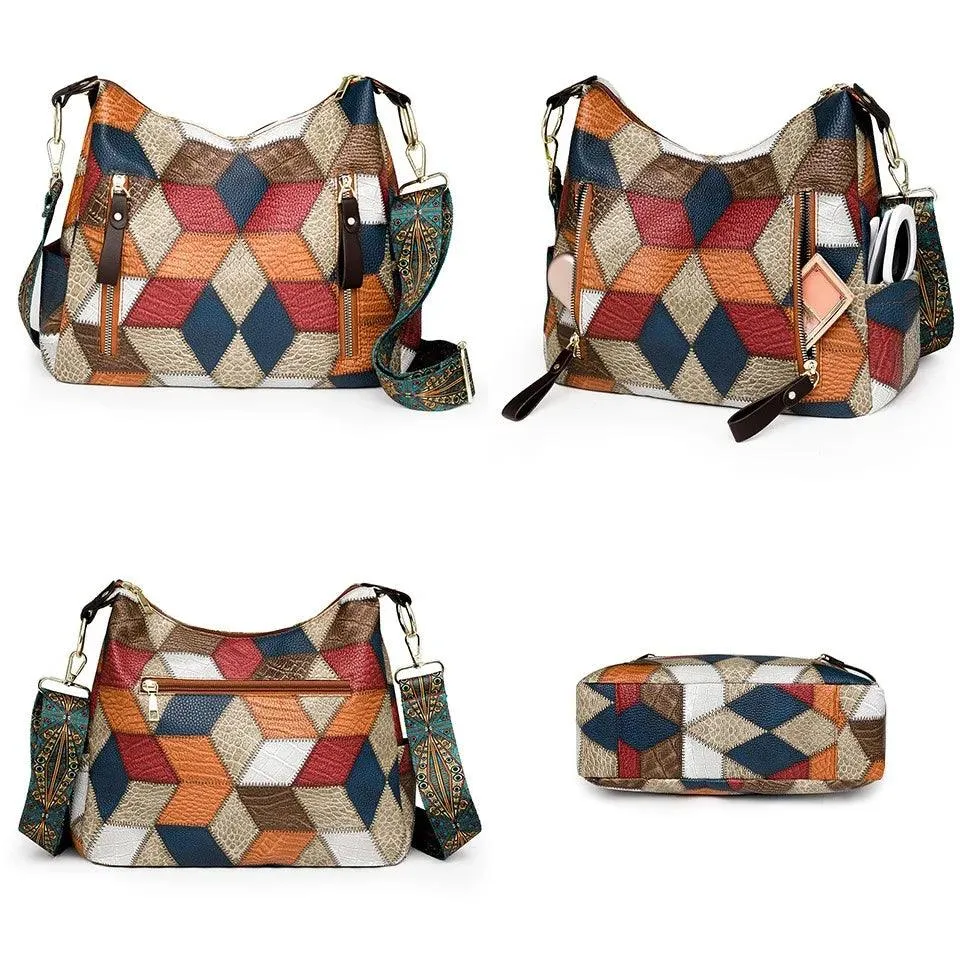 Multi-Pocket Women's Shoulder & Crossbody Bag - Luxury Patchwork PU Leather Handbag