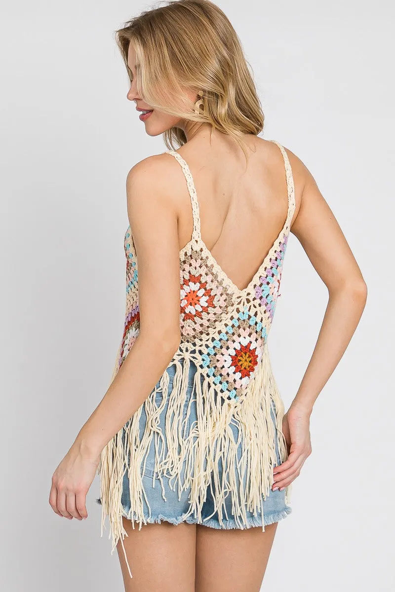 Natural Crochet Patch Fringe Tank