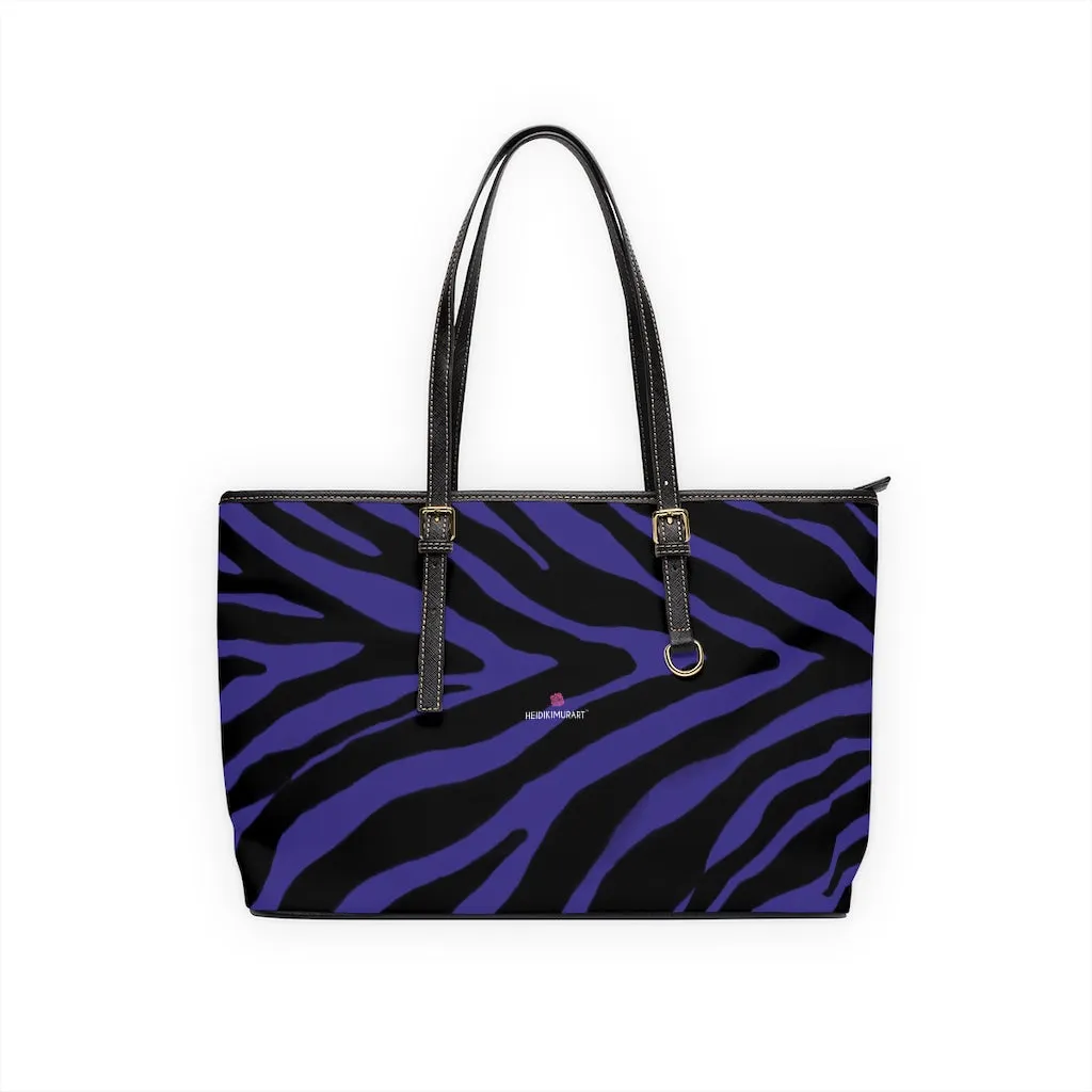 Purple Zebra Tote Bag, Animal Print PU Leather Shoulder Hand Work Bag 17"x11"/ 16"x10" For Ladies