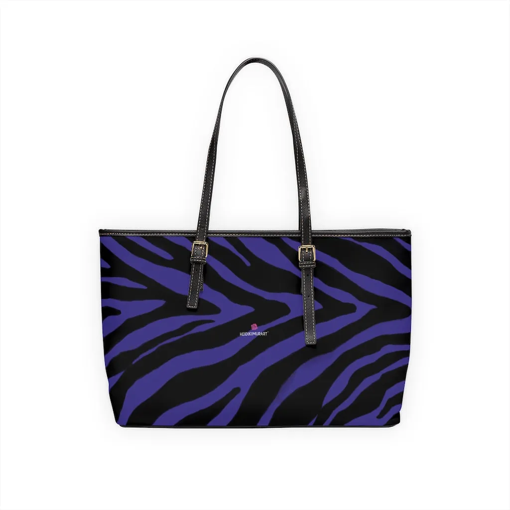 Purple Zebra Tote Bag, Animal Print PU Leather Shoulder Hand Work Bag 17"x11"/ 16"x10" For Ladies