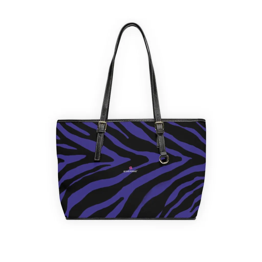 Purple Zebra Tote Bag, Animal Print PU Leather Shoulder Hand Work Bag 17"x11"/ 16"x10" For Ladies
