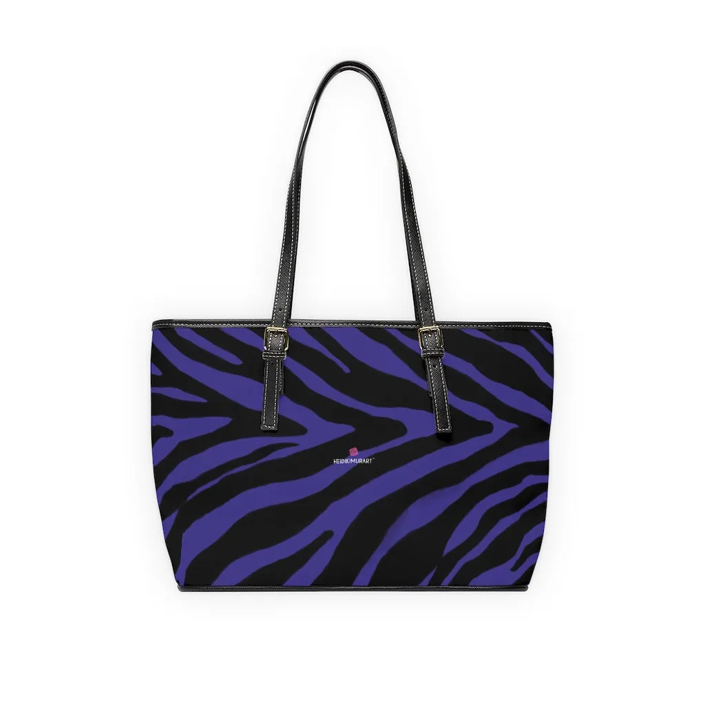 Purple Zebra Tote Bag, Animal Print PU Leather Shoulder Hand Work Bag 17"x11"/ 16"x10" For Ladies