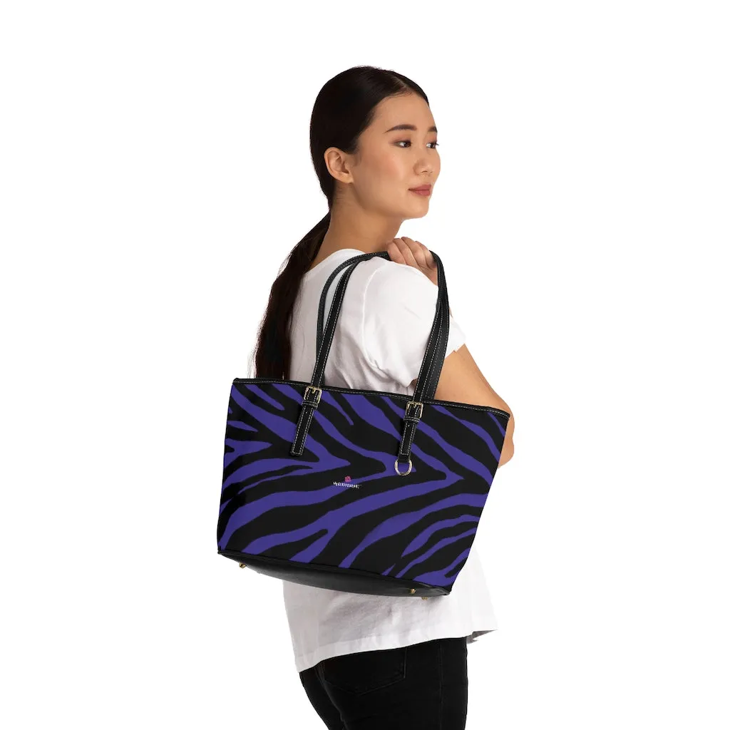 Purple Zebra Tote Bag, Animal Print PU Leather Shoulder Hand Work Bag 17"x11"/ 16"x10" For Ladies