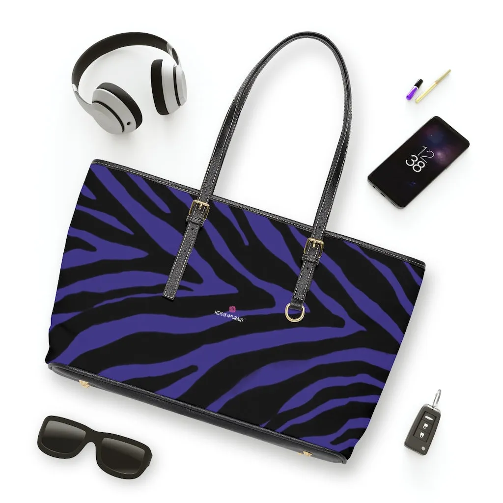 Purple Zebra Tote Bag, Animal Print PU Leather Shoulder Hand Work Bag 17"x11"/ 16"x10" For Ladies