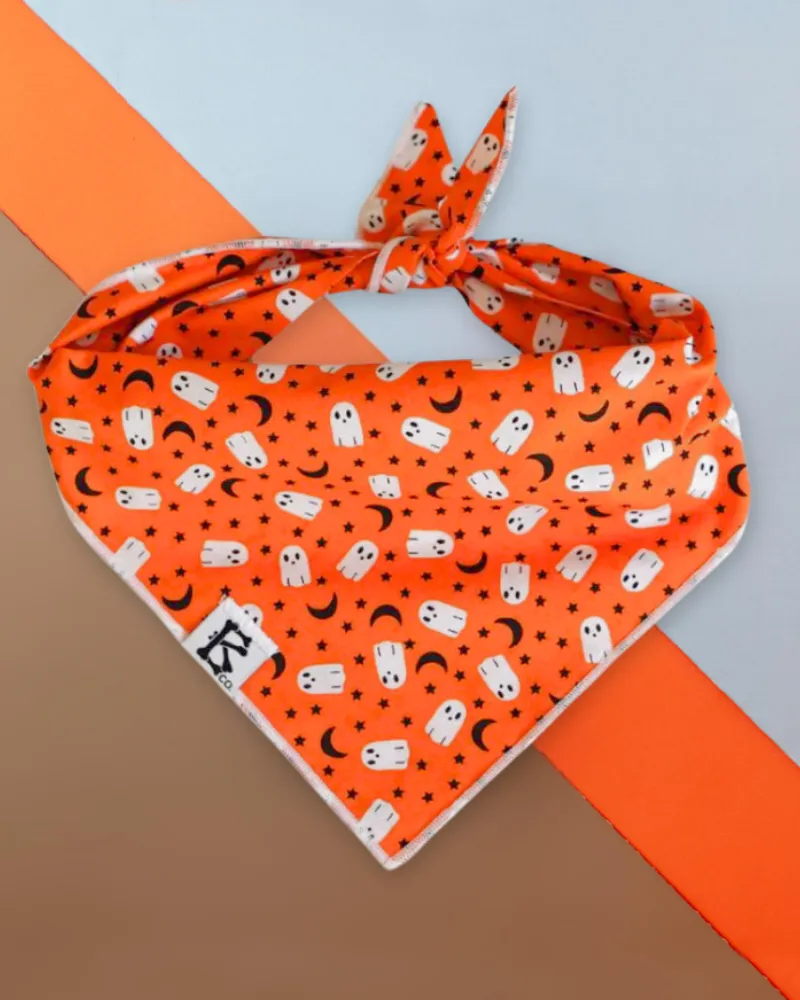 "Boo-Tiful Nights" Orange Ghosts Halloween Dog Bandana (Made in the USA)
