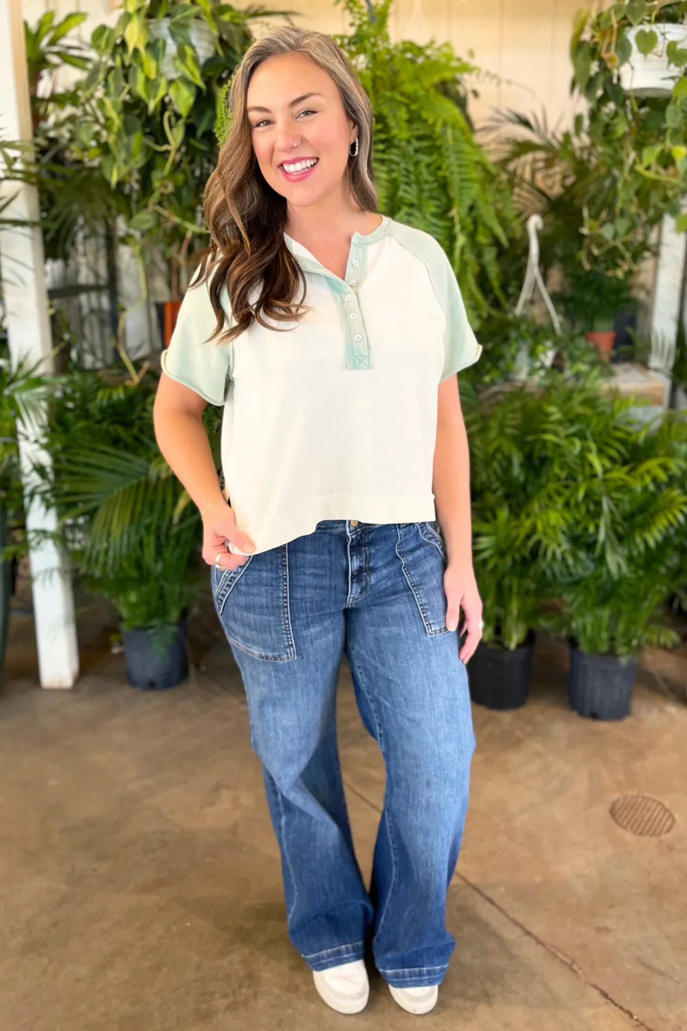 Raglan Short Sleeve Knit Button Up Top