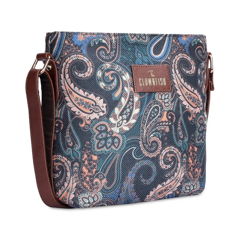 THE CLOWNFISH Aahna Printed Handicraft Fabric Crossbody Sling bag for Women Casual Party Bag Purse with Adjustable Shoulder Strap for Ladies College Girls (Marine Blue)