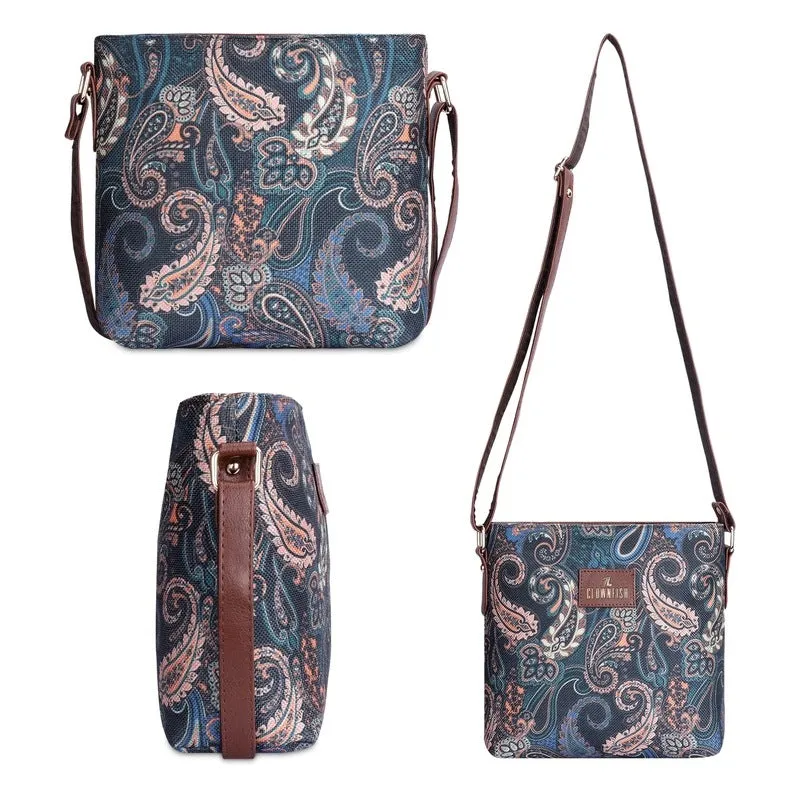 THE CLOWNFISH Aahna Printed Handicraft Fabric Crossbody Sling bag for Women Casual Party Bag Purse with Adjustable Shoulder Strap for Ladies College Girls (Marine Blue)