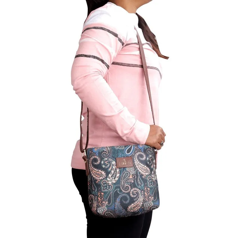 THE CLOWNFISH Aahna Printed Handicraft Fabric Crossbody Sling bag for Women Casual Party Bag Purse with Adjustable Shoulder Strap for Ladies College Girls (Marine Blue)