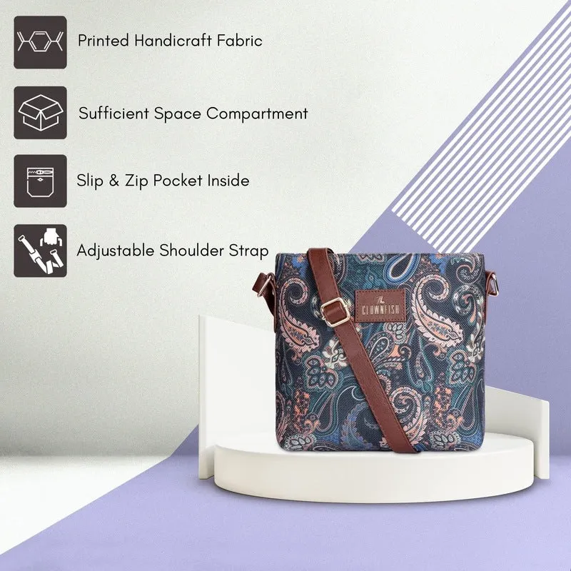 THE CLOWNFISH Aahna Printed Handicraft Fabric Crossbody Sling bag for Women Casual Party Bag Purse with Adjustable Shoulder Strap for Ladies College Girls (Marine Blue)