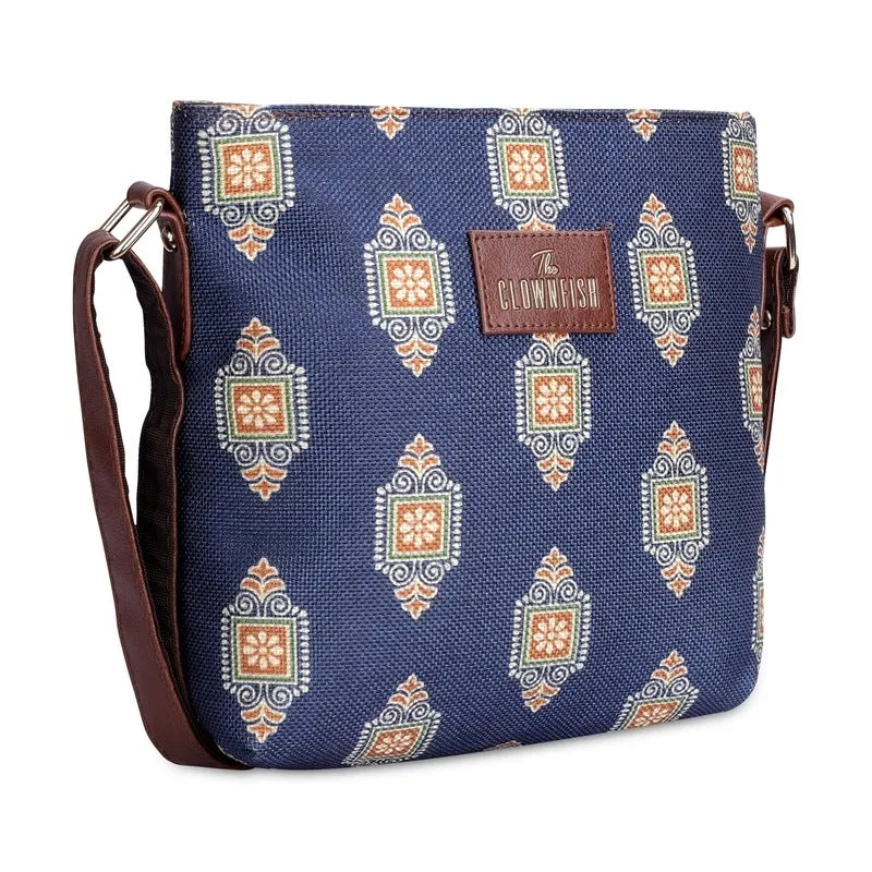 THE CLOWNFISH Aahna Printed Handicraft Fabric Crossbody Sling bag for Women Casual Party Bag Purse with Adjustable Shoulder Strap for Ladies College Girls (Multicolour-Triangle Design)
