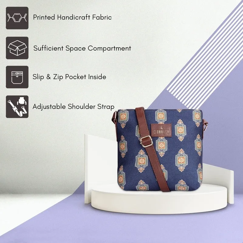 THE CLOWNFISH Aahna Printed Handicraft Fabric Crossbody Sling bag for Women Casual Party Bag Purse with Adjustable Shoulder Strap for Ladies College Girls (Multicolour-Triangle Design)